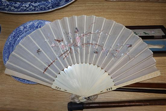 A boxed ivory fan, three other fans and a quantity of ladys gloves